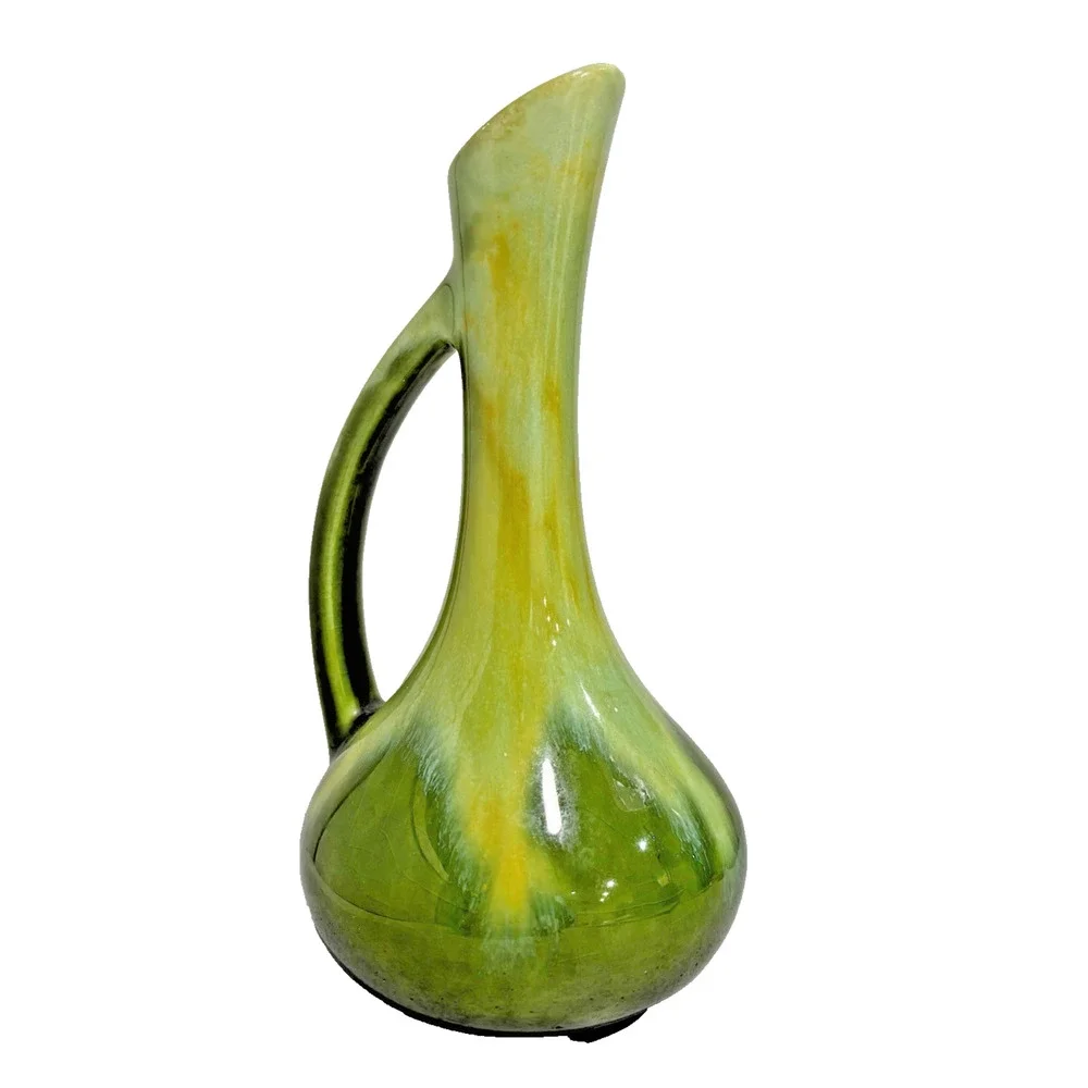 Vintage Haegar Pottery Vase Jug Ewer Handle Mid Century Green Agate Yellow Drip